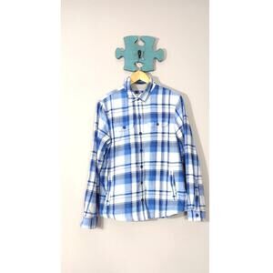 LL Bean Womens Flannel Fleece Lined Shirt Small Blue Plaid Jacket Shacket Button